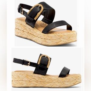NWT DOLCE VITA black leather mini platform slingback wedge shoes gold buckle 7